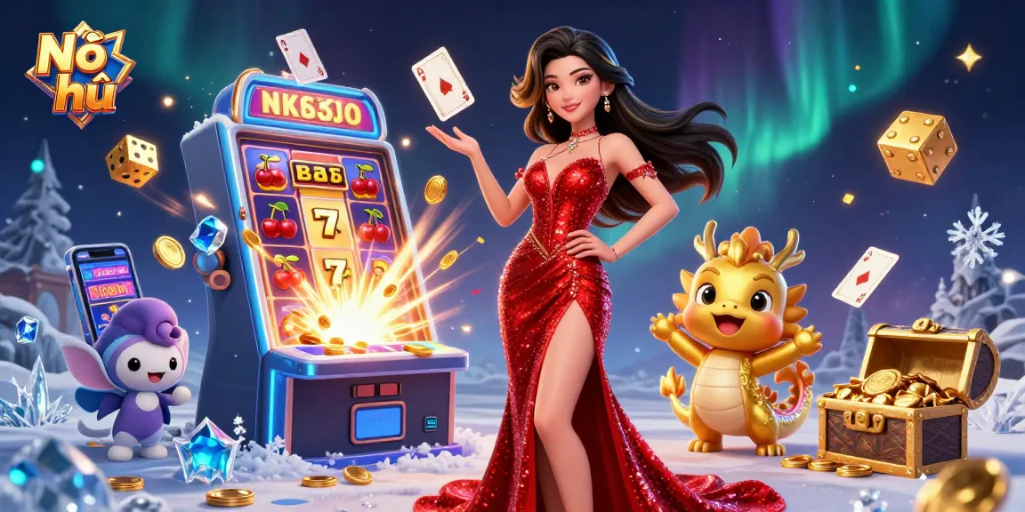 Engage in thrilling Nổ hũ games with a beautiful Asian woman and a golden dragon mascot, celebrating jackpots.