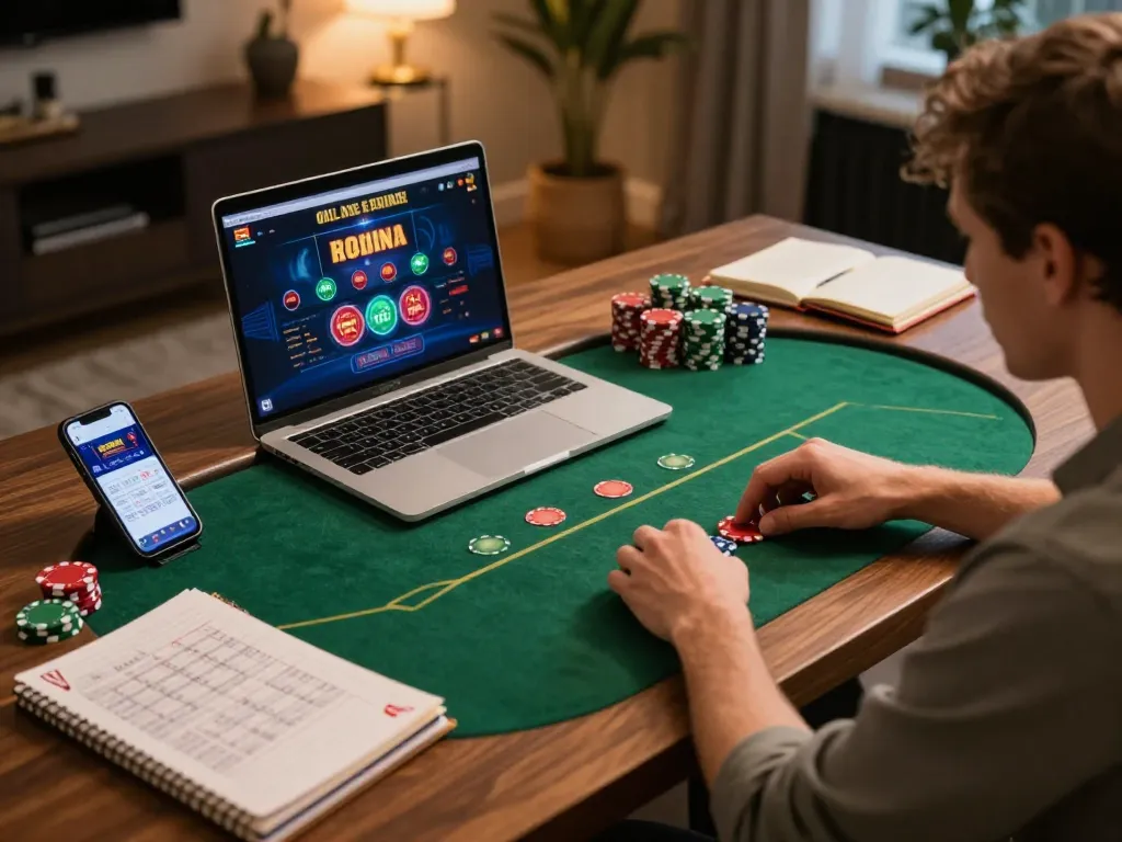 SC88 player enjoying a live poker game on a laptop, showcasing an engaging online gambling experience.