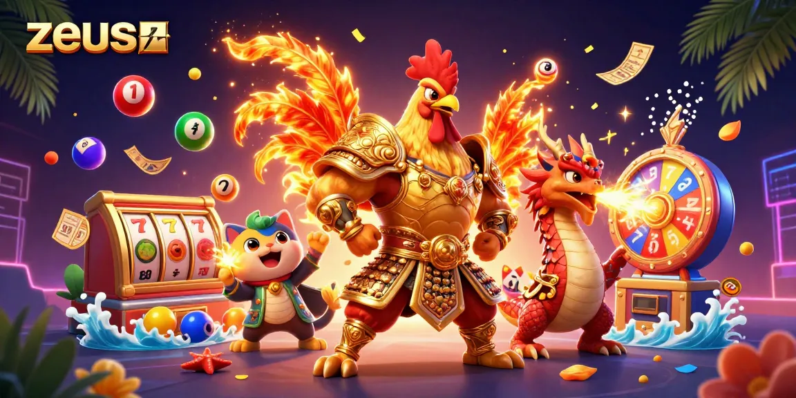 Experience thrilling gameplay with zeus as powerful characters and slot elements come alive in this colorful 3D illustration.