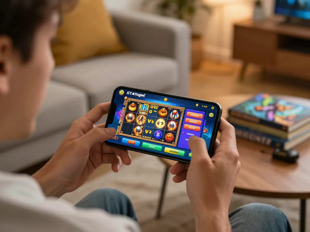 Engaging with the GTAtogel mobile app for exciting slot gameplay, showcasing a player in a cozy home setting.