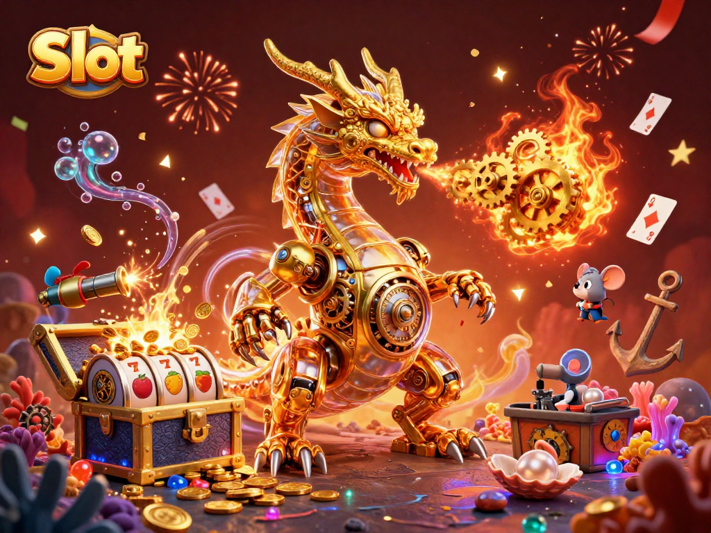 Engaging Slot scene showcasing a golden dragon and treasures amidst vibrant casino elements.