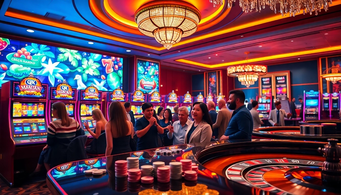 Experience the excitement at QQMacan's vibrant slot machines, where players enjoy thrilling gambling action.