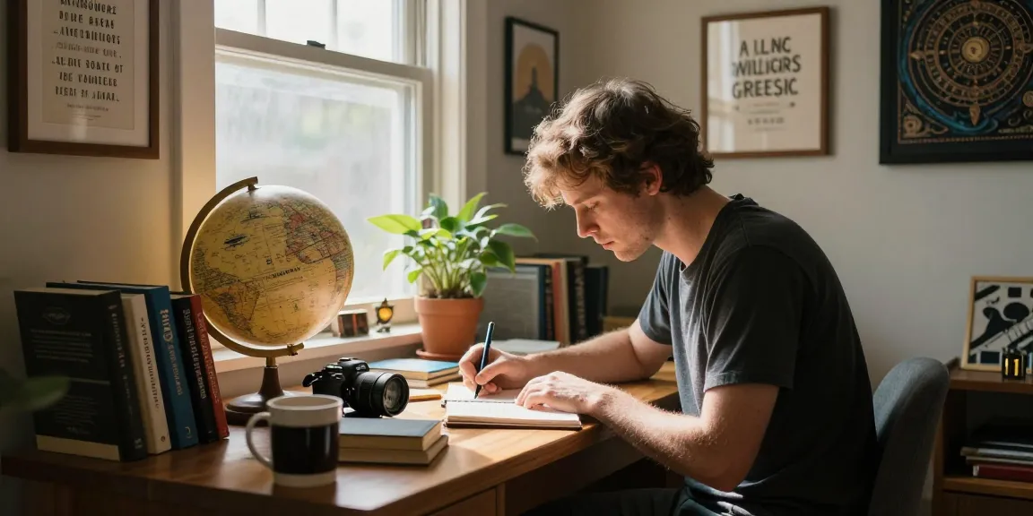 T Allen Greenfield working in his cozy home office, immersed in writing about UFOs and spirituality at https://tallengreenfield.com.