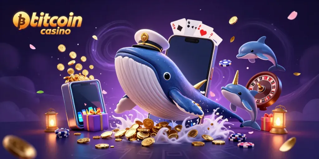 Experience the excitement of a bitcoin casino with vibrant characters and game elements in a magical setting.