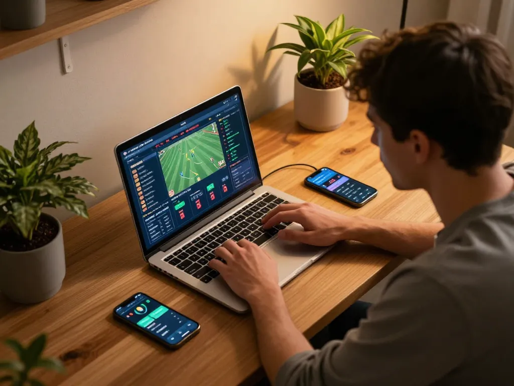 A player engaging with aman788 slot gacor on laptop, capturing sports betting excitement in a cozy home setup