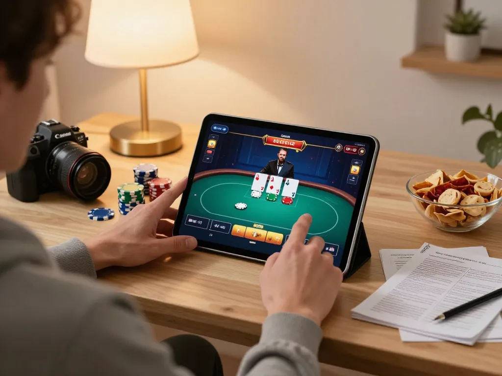 Player engaging in online casino gaming with lsa app, showcasing a relaxed home environment.