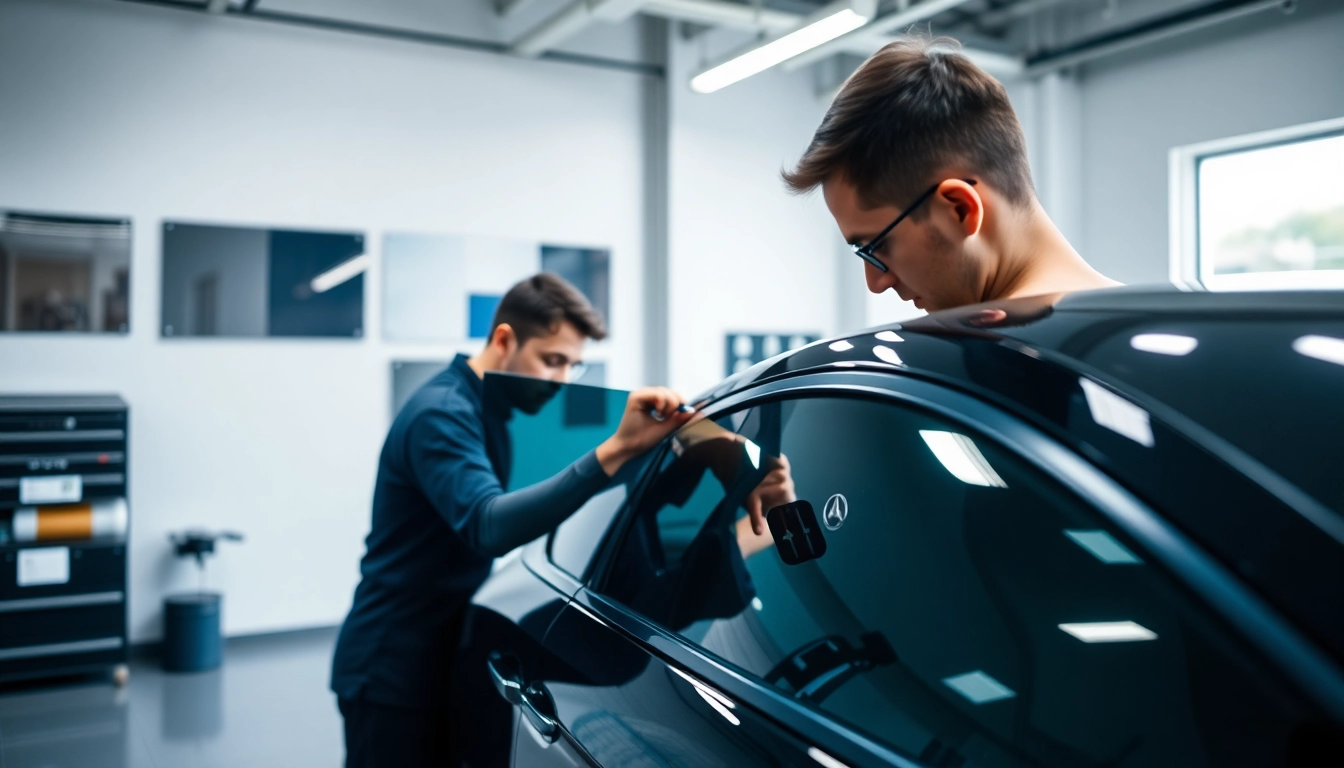 Enhance your car's privacy with auto window tint near me, featuring a technician applying high-quality film.