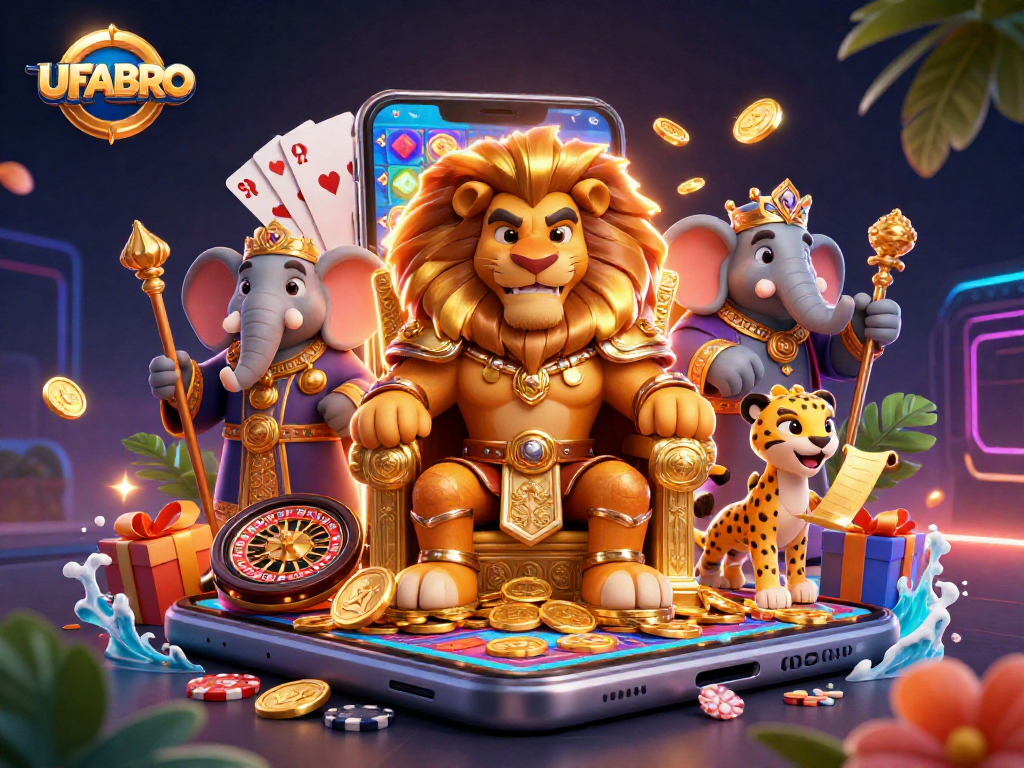 UFABRO showcases a vibrant, action-filled scene of casino excitement with a lion king, elephant advisor, and cheetah messenger.