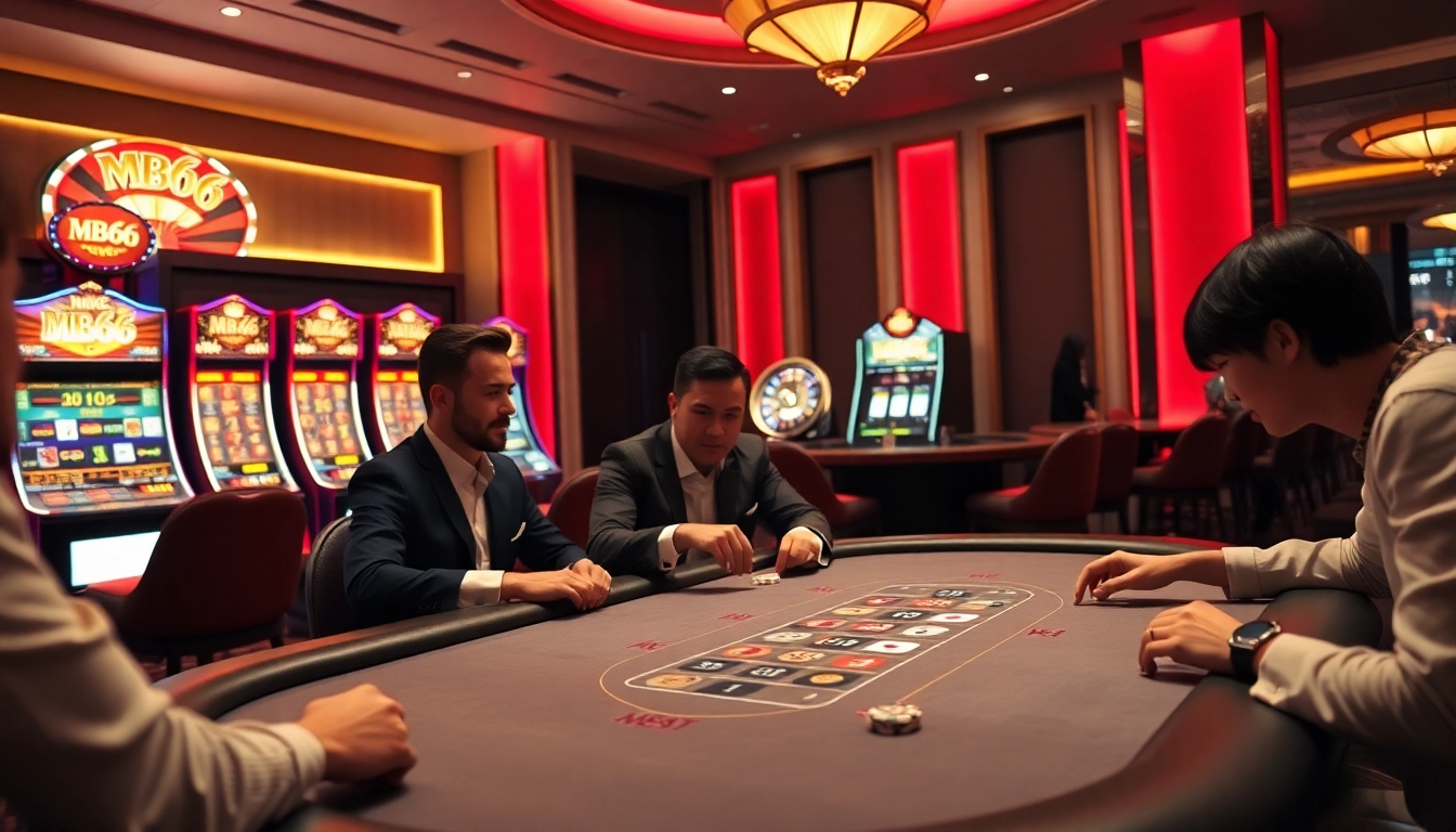 Players enjoying poker at a luxurious MB66 casino with vibrant decor and high-stakes excitement.