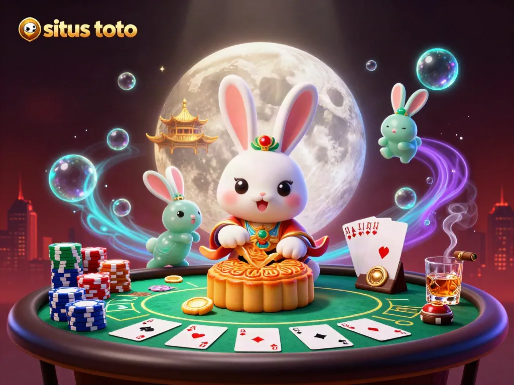 Experience situs toto excitement with a whimsical moon rabbit gambling scene, poker chips, and vibrant atmosphere.