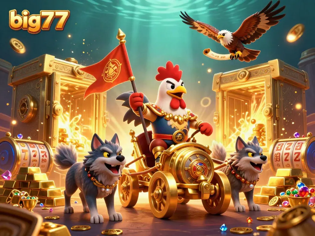 Win thrilling jackpots at big777 casino with a vibrant 3D illustration featuring gold treasure.