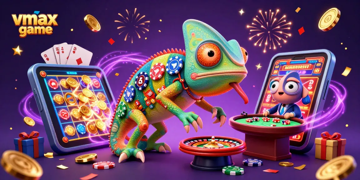 Play vibrant vmax game as golden coins and festive elements surround the cartoon chameleon casino owner.