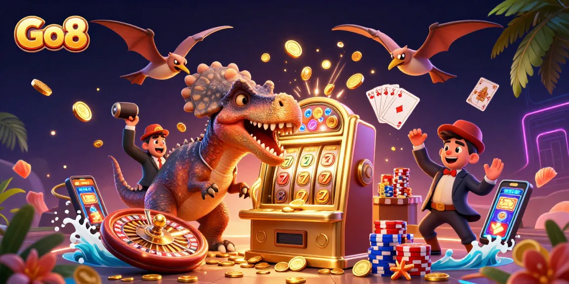 Go8 welcomes you with a vibrant scene of a dinosaur celebrating jackpot wins at the casino.