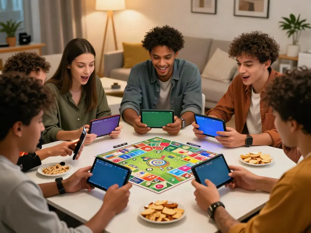 Friends enjoying an exciting game of rumble rummy on mobile devices in a cozy living room setting.