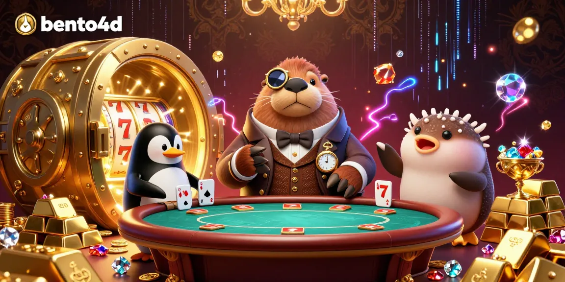 bento4d menampilkan adegan permainan poker bawah laut yang ceria dengan seekor walrus yang gembira, dealer penguin yang canggih, dan ikan puffer yang sedang menggertak.