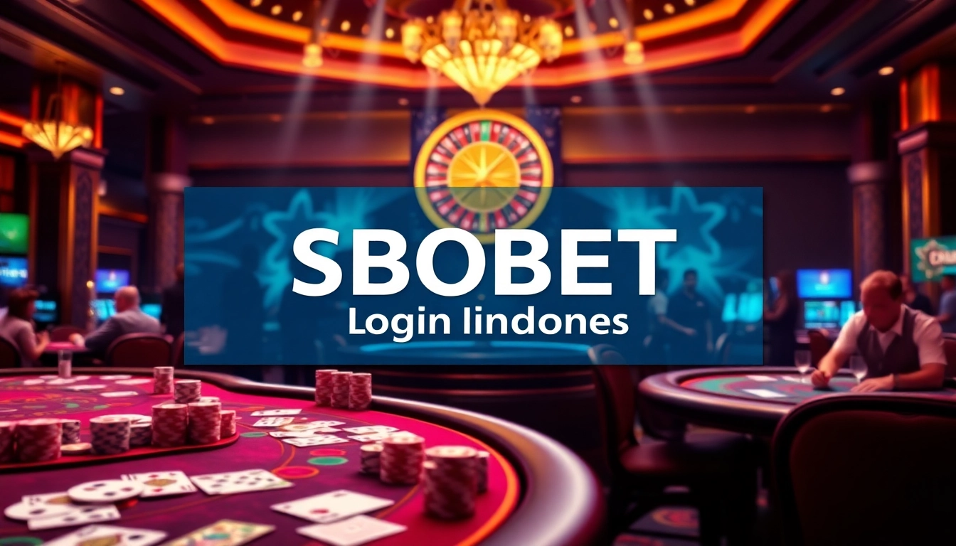 Engage in SBOBET login Indonesia with a vibrant casino scene featuring betting tables and poker chips.