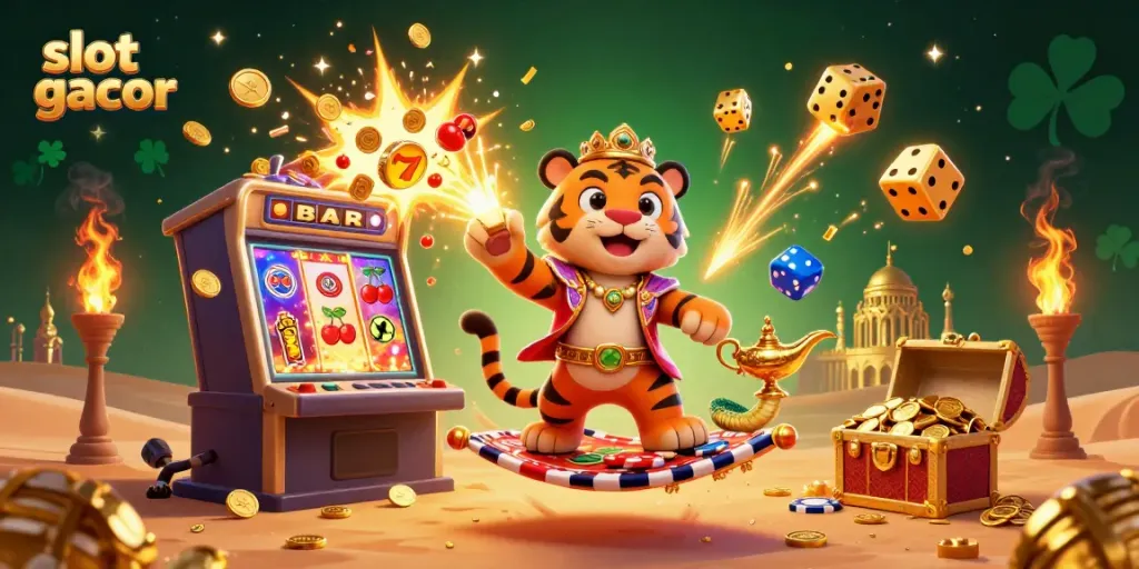 Engage with slot gacor games showcasing a colorful jackpot scene and adventurous fantasy elements.