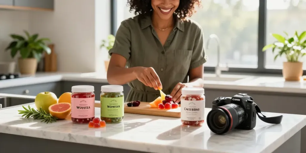 Activist edibles displayed in a modern kitchen setting with fresh ingredients.