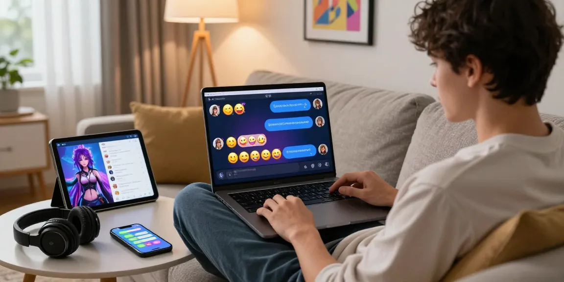 User engaged in a captivating NSFW AI chat on a laptop in a cozy home setting with vibrant character designs.