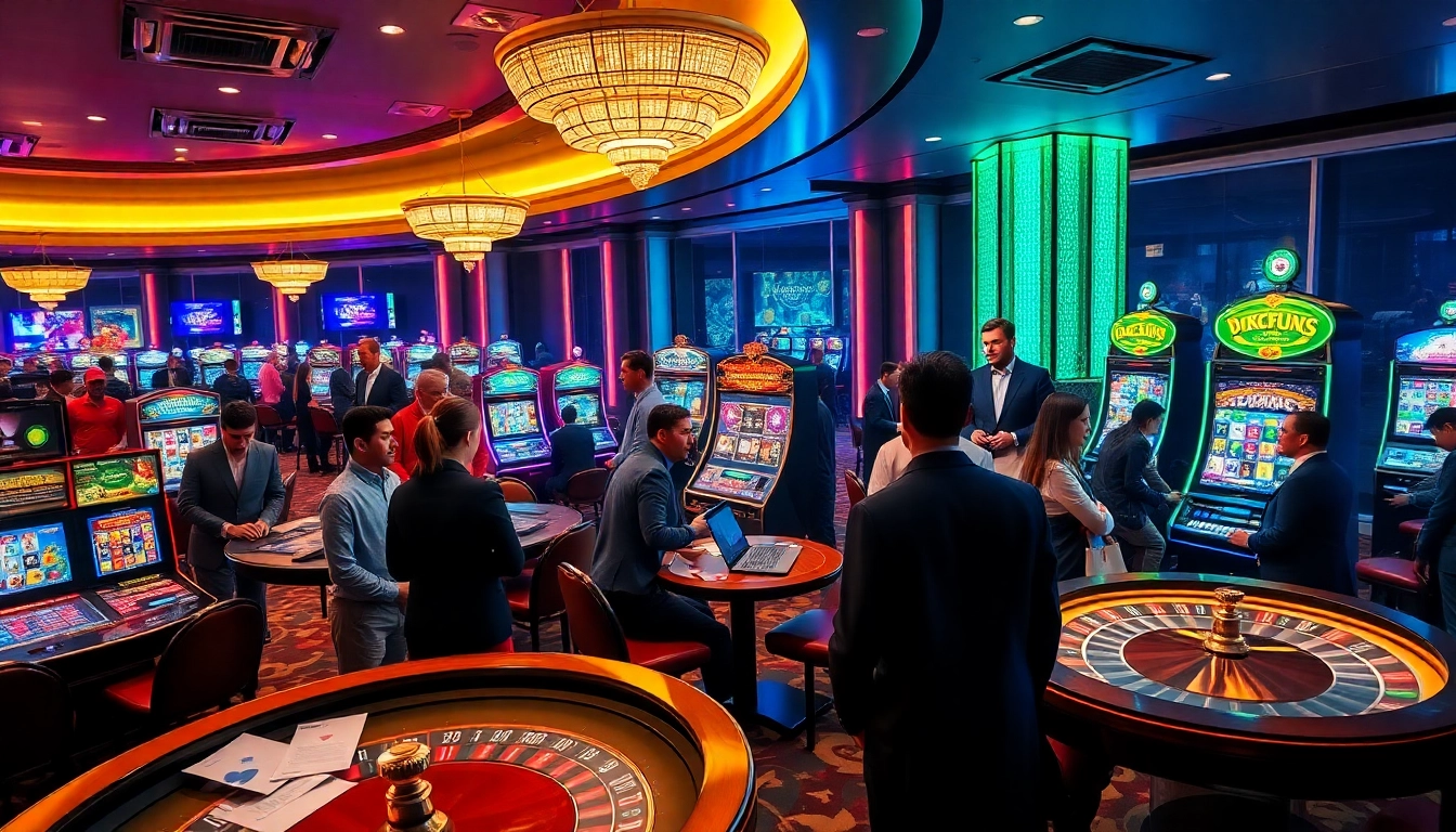Experience excitement and fun in bro138's vibrant casino with players at slot machines and poker tables.