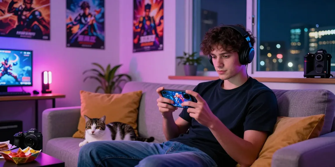 Engaged gamer playing mobile hentai games surrounded by vibrant decor and a cozy atmosphere.