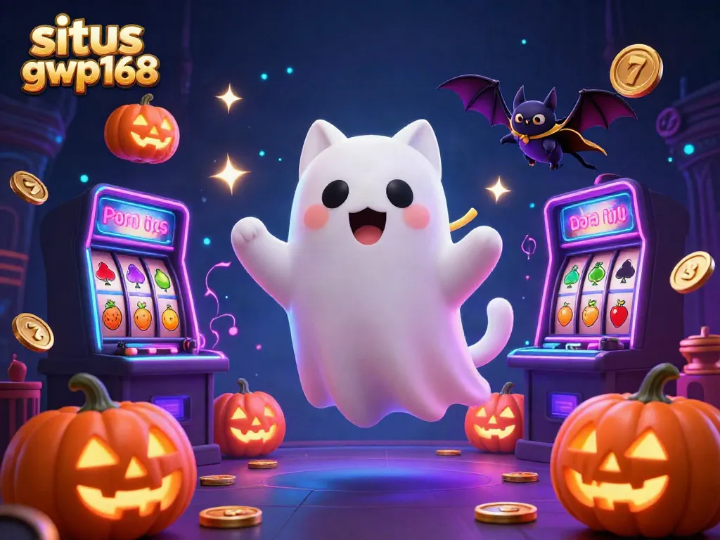 Gambar slot gacor situs gwp168 dengan kucing hantu dan bat vampire di kasino menyeramkan.