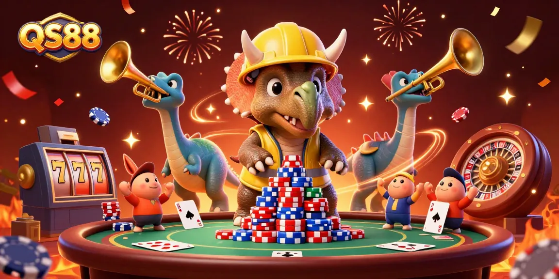 Experience thrilling gameplay at QS88 with poker chips, roulette wheels, and festive creatures celebrating.