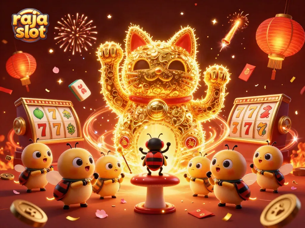 Menangkan hadiah dengan raja slot dalam ilustrasi penuh warna dengan cat keberuntungan dan simbol kasino.