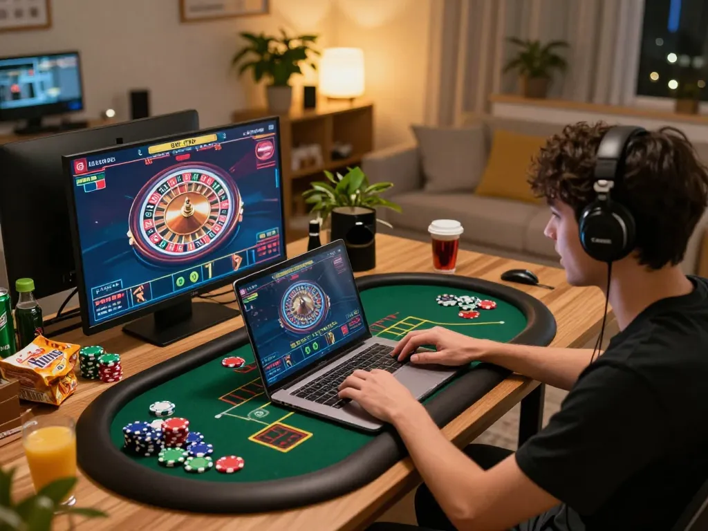 Player engaging in thrilling TR88 online casino gameplay using a laptop in cozy home setting