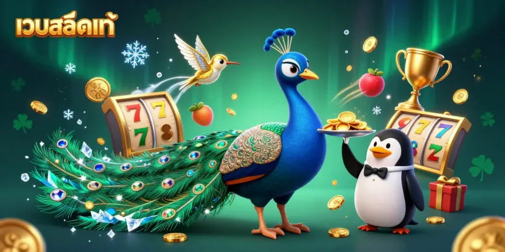 Experience the excitement of เว็บสล็อตแท้ with a vibrant scene showcasing captivating casino elements and characters.