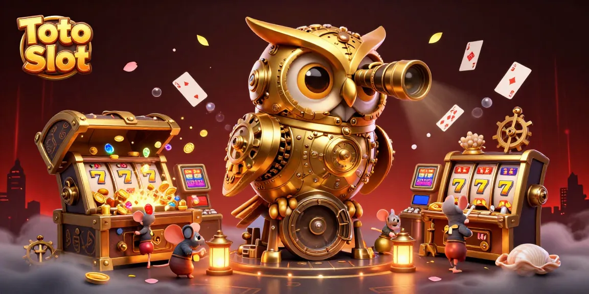 Gambarkan Toto Slot dengan burung hantu emas dan mesin slot di kasino