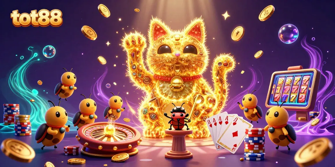 Experience the magic of tot88 with this vibrant illustration of a lucky cat and casino symbols.