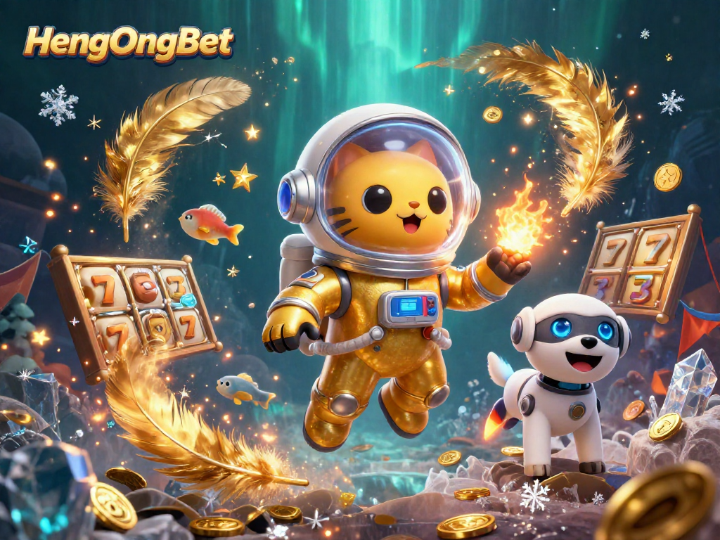 Bet on exciting slots at HengOngBet with a cosmic 3D illustration featuring an astronaut cat.