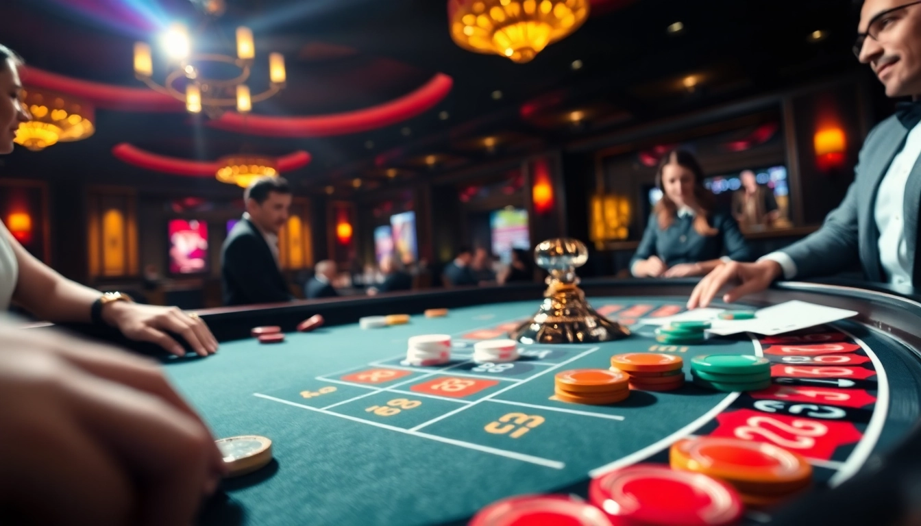 Arus hoki di meja roulette kasino dengan pemain bersemangat dan chip berwarna-warni.