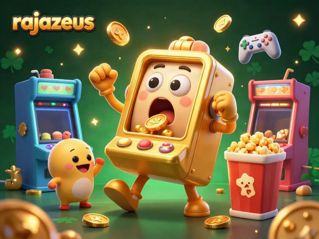 Mesin slot rajazeus emas yang ceria menang jackpot dikelilingi mesin permainan 3D berwarna-warni dan koin mengkilap.