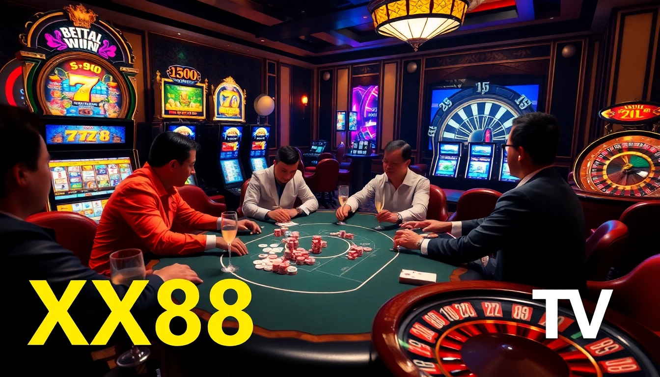 Engaging poker game at a luxurious casino featuring XX88 TV-inspired elements.
