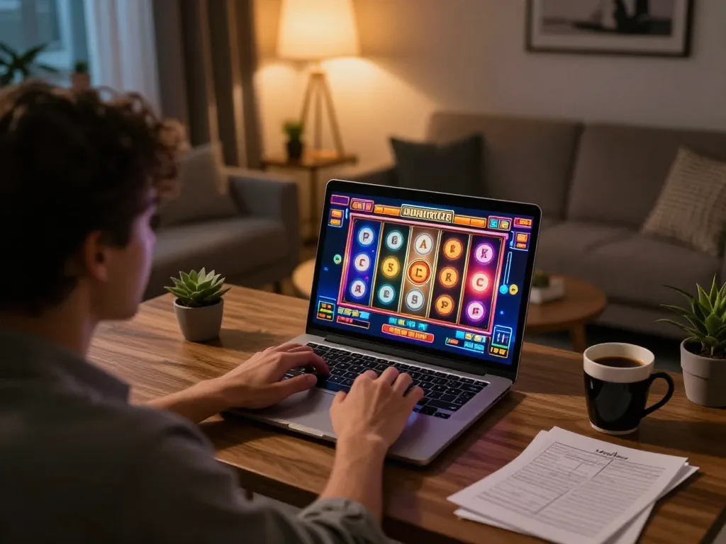 Player enjoying tg88 online slots on a laptop in a cozy living room with strategic notes visible