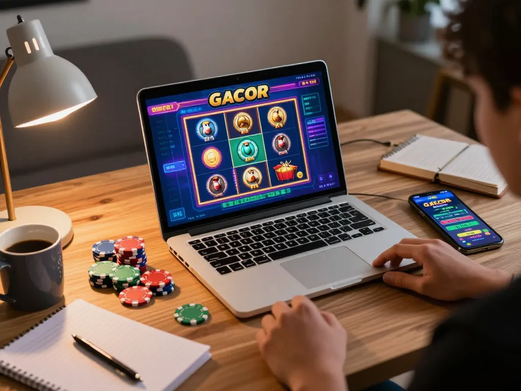 Playing slot gacor games on a modern laptop in a cozy home setup, enhancing online casino experience.