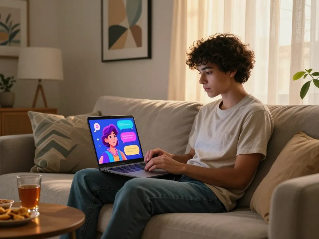 Free AI sex chat scene with a user and an interactive AI avatar in a cozy setting.