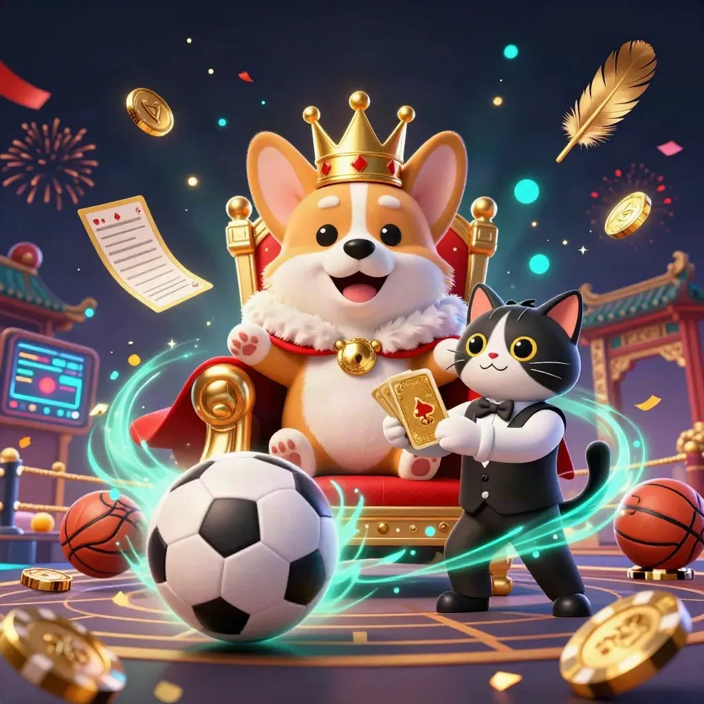 Crowned corgi and cat butler amid flying sports gear, coins, and casino magic.