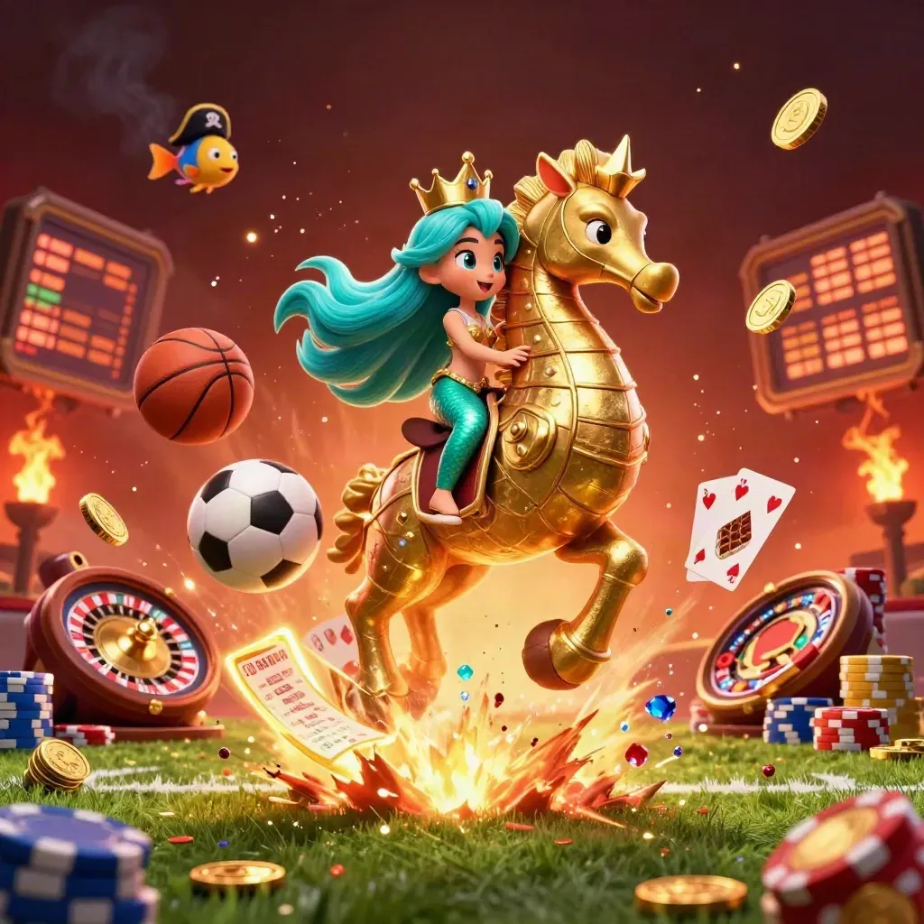 Mermaid princess on a golden seahorse amid casino coins, roulette wheel, balls, and ember-lit haze.