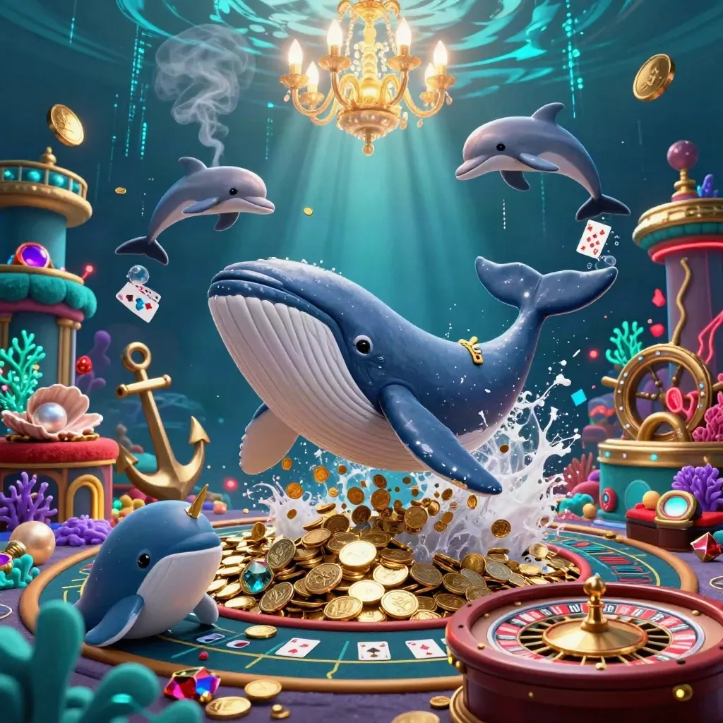 Whale captain, narwhal, and dolphins in a luxe underwater casino of gold, teal light, and coins.