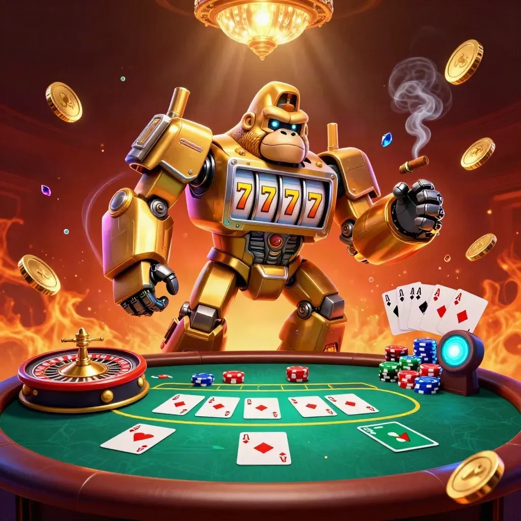 Golden gorilla mech, tiny monkey pilot, roulette spin, poker tables, chips, and cinematic casino glow.