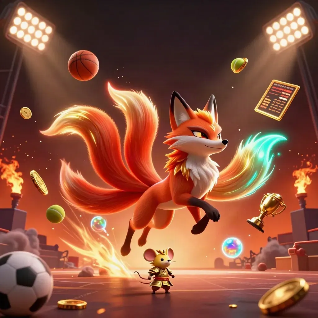 Neon fox spirit and armored mouse amid flying sports balls, coins, trophy, and blazing arena light