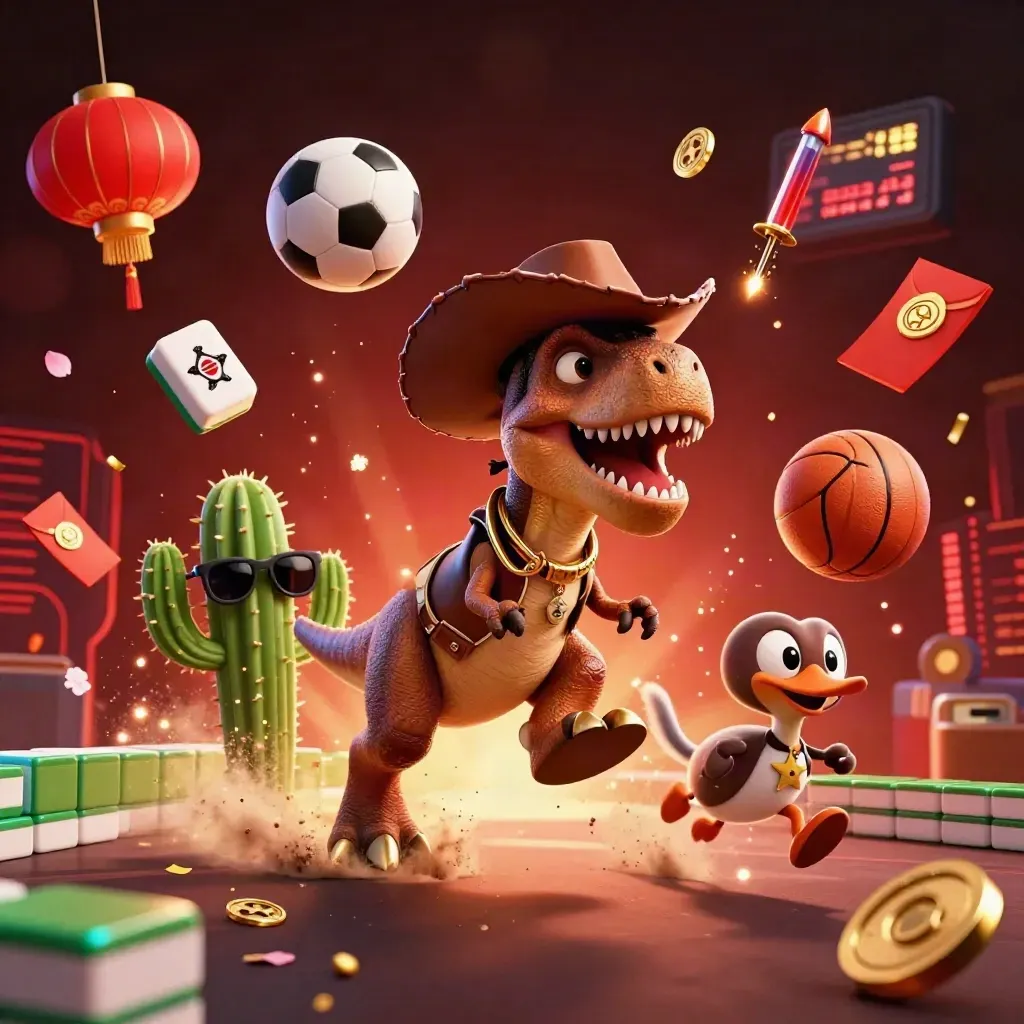 Cowboy T-Rex, cactus, and roadrunner explode with casino sports props and glowing gold effects.
