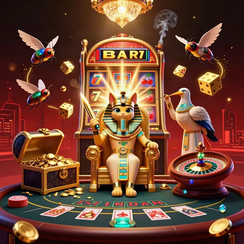 Pharaoh cat on throne with ibis scribe, scarab beetles, slot burst, roulette glow, luxe casino scene