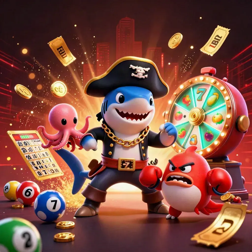 Shark pirate, pufferfish boxer, and octopus juggle gold amid casino bursts and neon glow