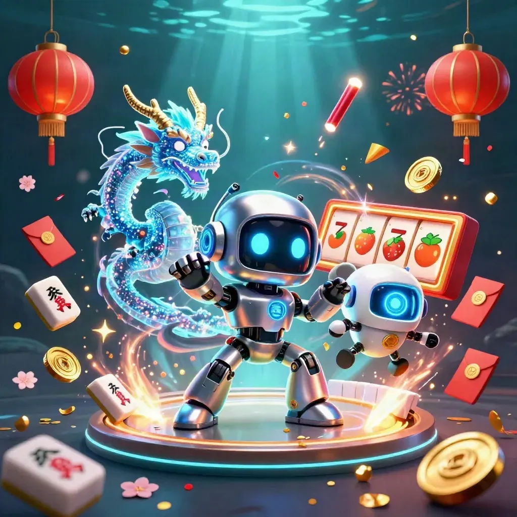 Cyberpunk robot, hologram dragon, and coin drone amid jackpot effects and teal underwater light