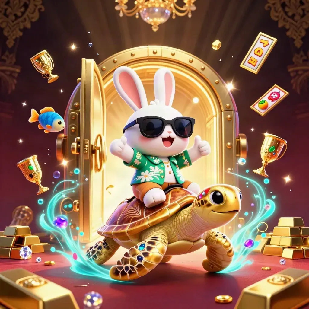 Lucky rabbit rides a jeweled sea turtle amid treasure, gems, and neon underwater casino glow