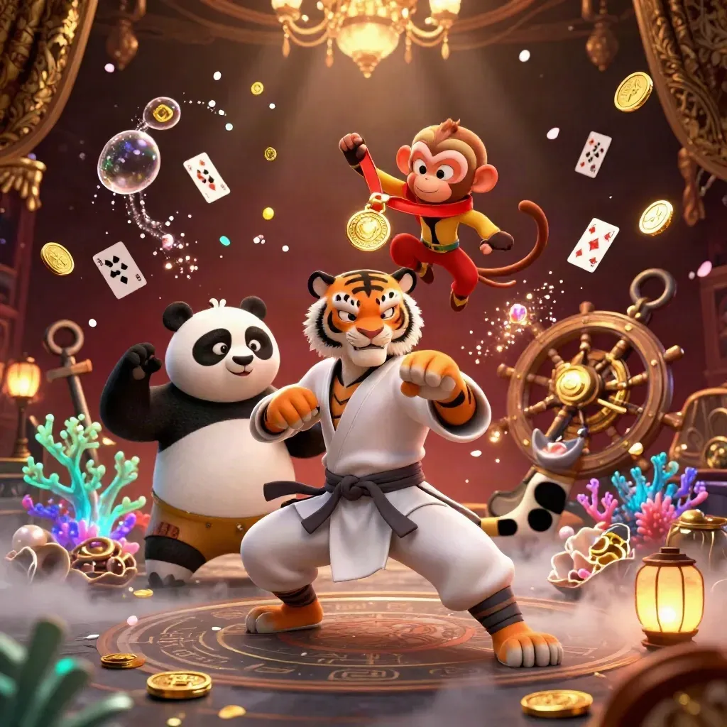 Tiger, panda, and monkey amid sunken treasure, teal glow, gold coins, and coral
